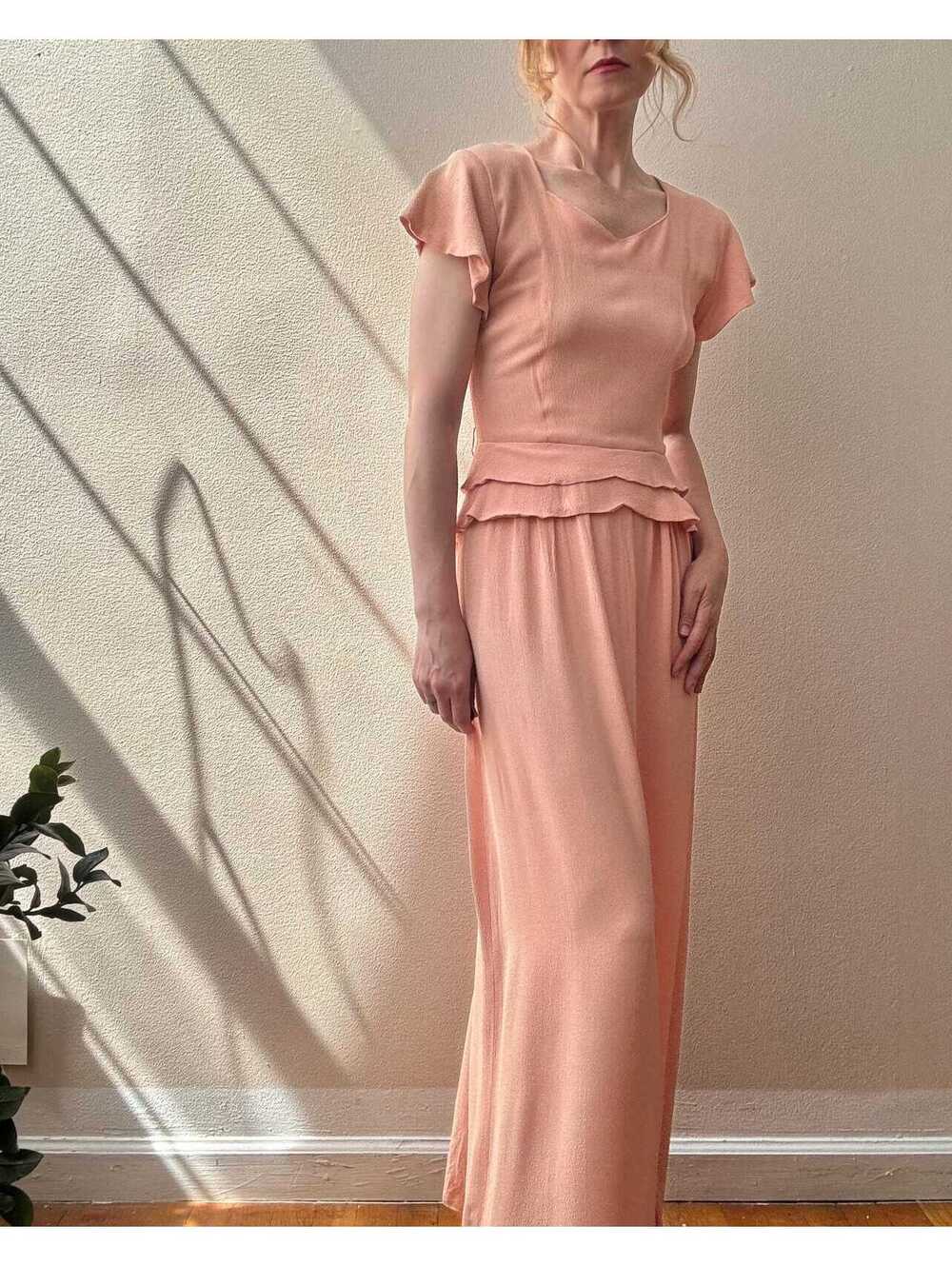Vintage 1930s Ballet Pink Silk Crepe Flutter Sleeve Peplum Waist Maxi Dress Gown - Picture 2 of 7